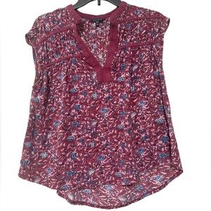 Lucky Brand Red Blue Smocked Cap Sleeve Blouse - Size M